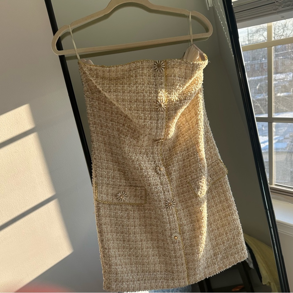 Anthropologie Cream Tweed Strapless Mini Dress - Picture 2 of 3